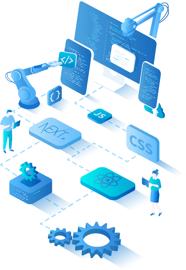 YantraCore technology stack illustration — robot arm building with Next.js, React, CSS, and JavaScript