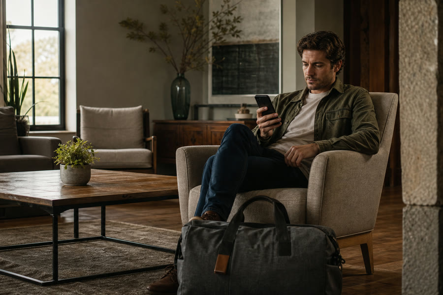 A traveler checking a reservation in a quiet hotel lounge