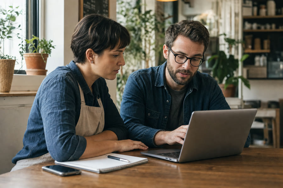 A business owner and web professional reviewing a site together