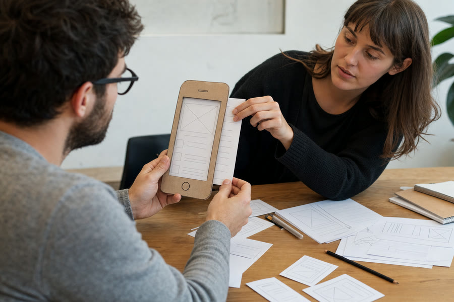 Two colleagues testing a rough paper phone prototype