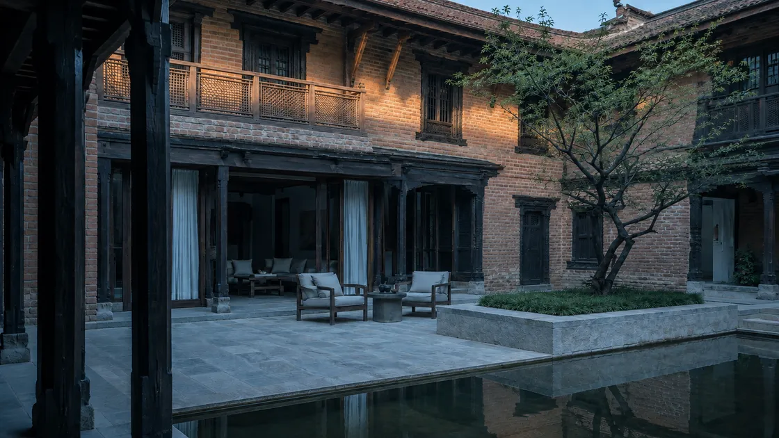 The imagined Aavren courtyard in cool first light