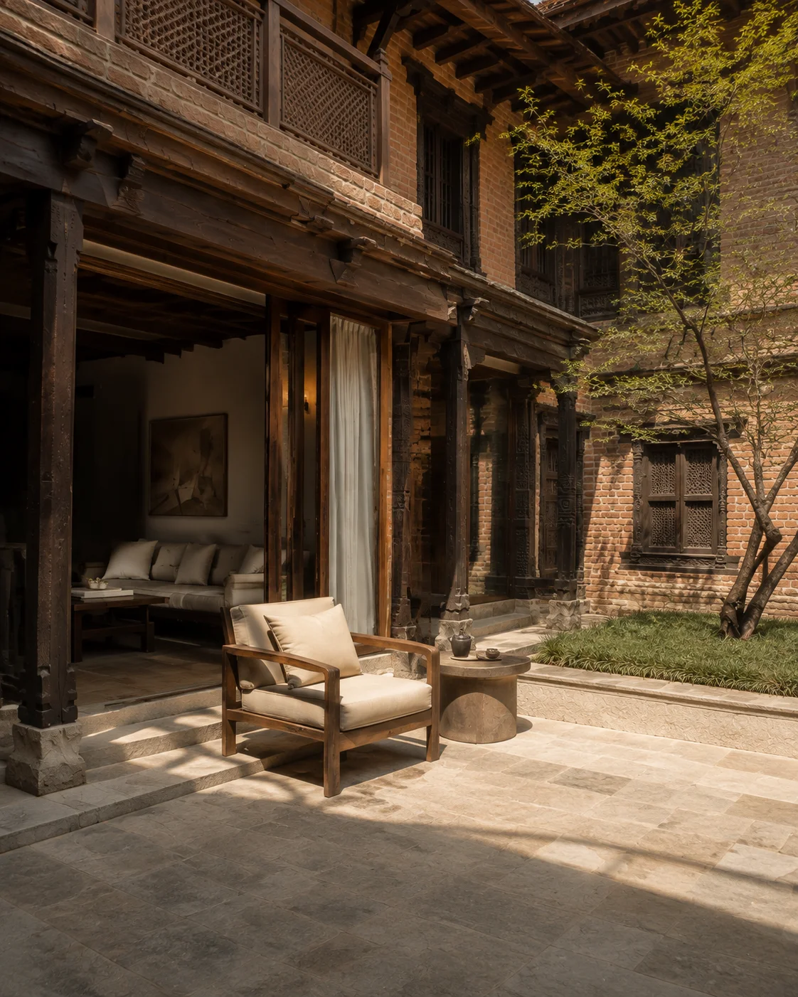 An ivory lounge chair beside the open timber doorway of the imagined Aavren courtyard
