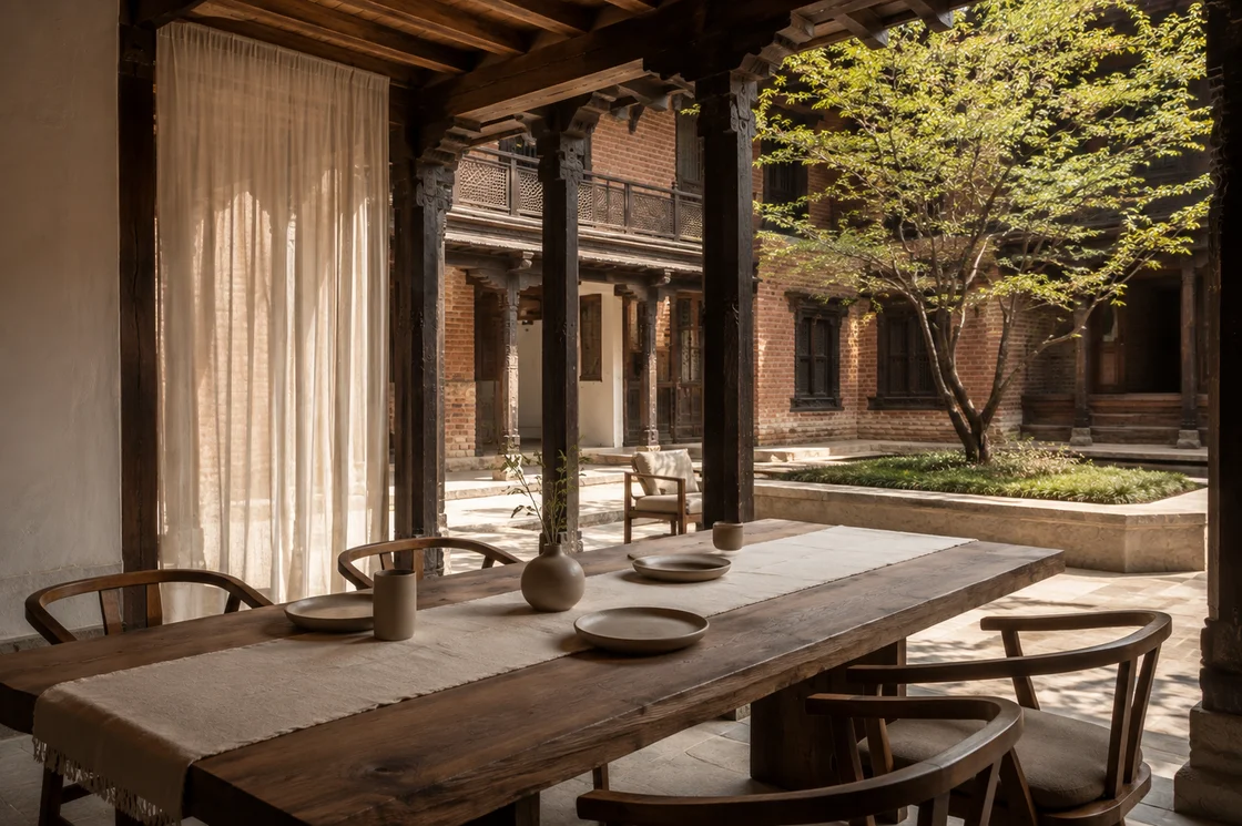 A linen-covered dining table on the imagined Aavren veranda, looking into the courtyard