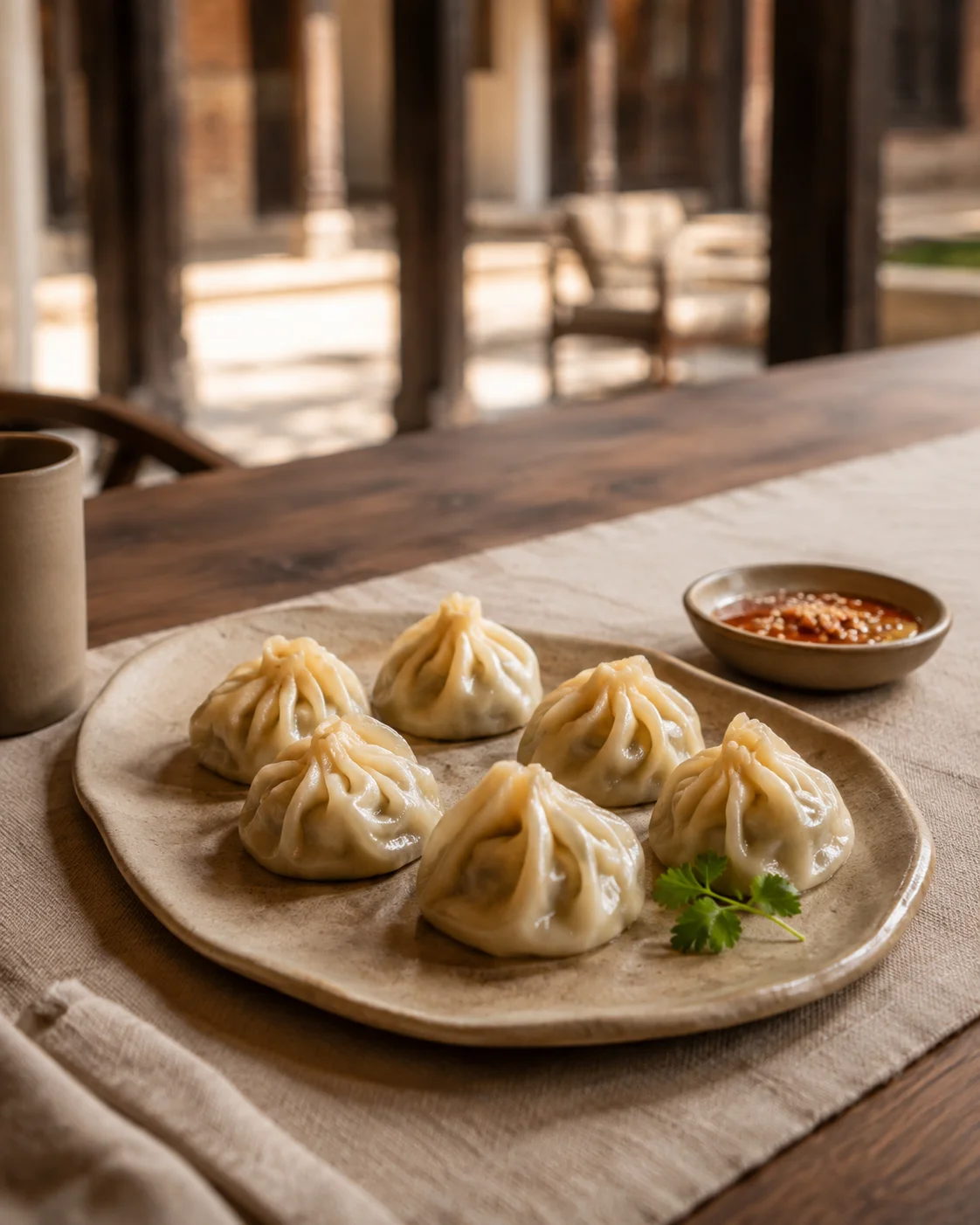 Vegetarian momo and tomato achar on handmade ceramics at an imagined courtyard table