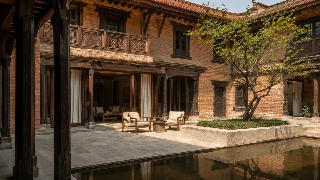 The imagined Aavren courtyard, with carved timber galleries, a planted stone bed and an open lounge