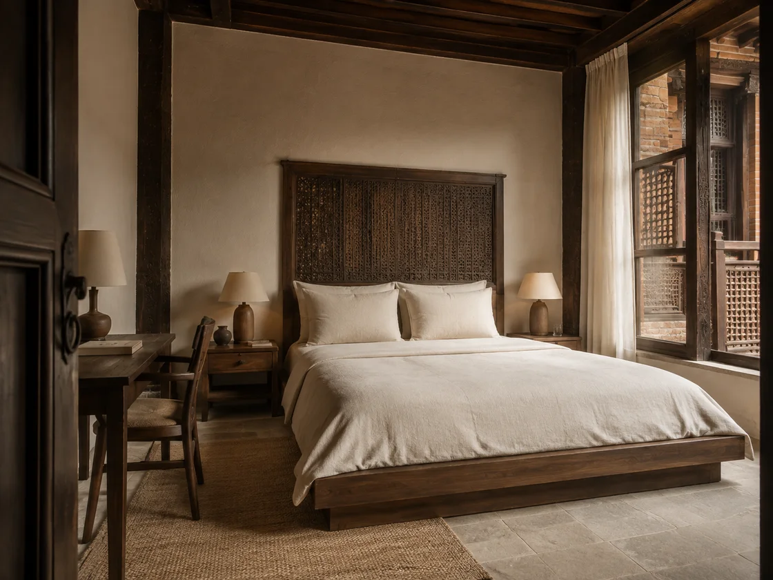 The imagined Courtyard King, with one king bed, a writing desk and a carved timber window