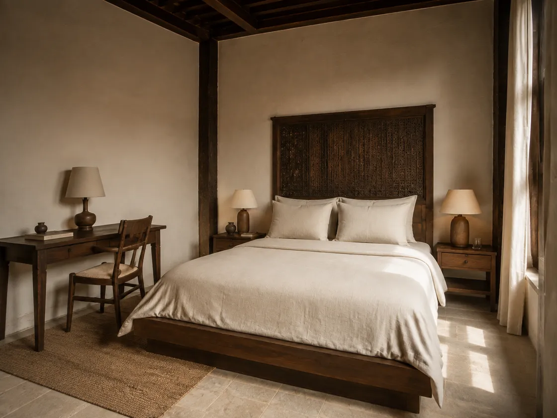 Courtyard King from the window, showing the king bed, carved headboard and writing desk
