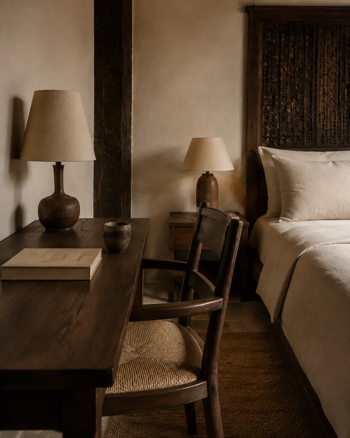 Courtyard King writing desk, timber chair and linen lamp