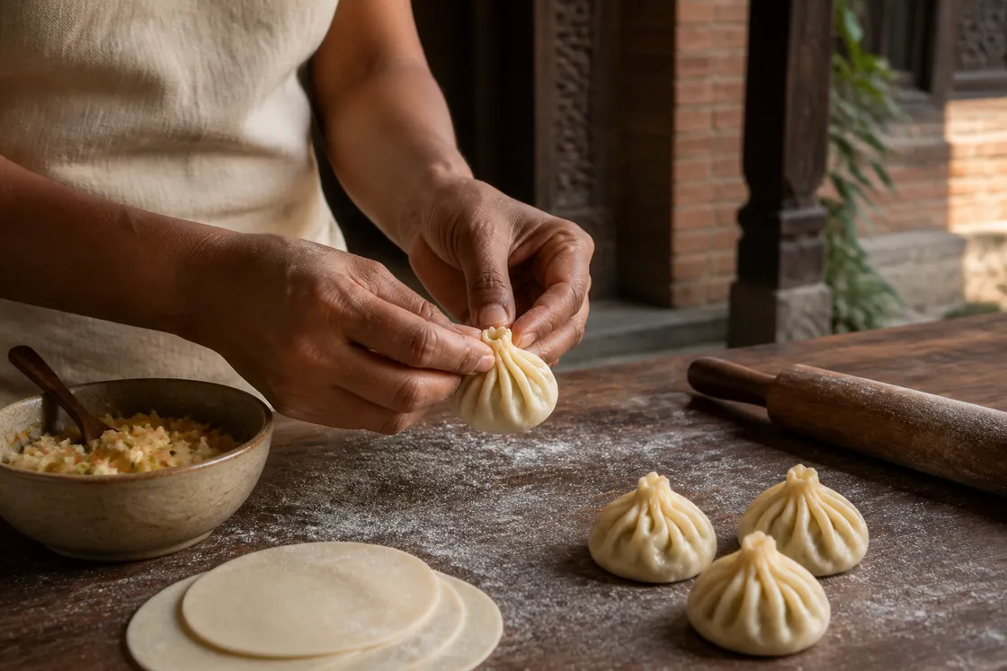 Hands folding vegetarian momo at an imagined Aavren kitchen table