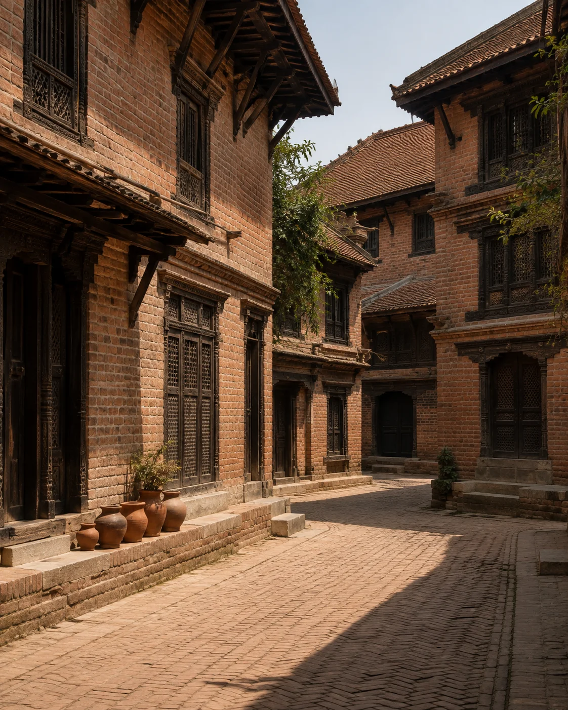 An imagined brick lane inspired by Bhaktapur, with carved timber windows and clay pots