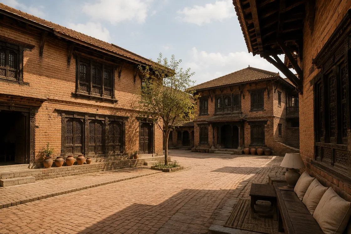An imagined Bhaktapur-inspired brick square with clay vessels drying