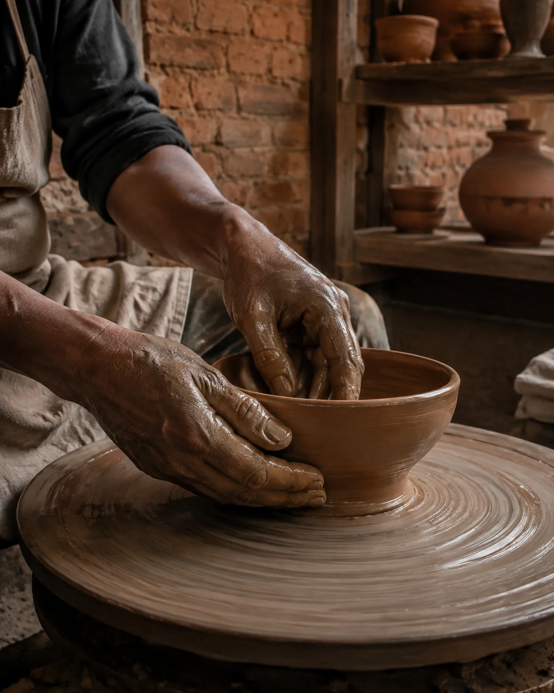 An illustrative scene of a craftsperson shaping a clay bowl on a pottery wheel