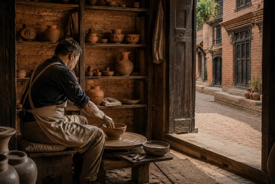 An illustrative pottery workshop with a craftsperson shaping a clay bowl