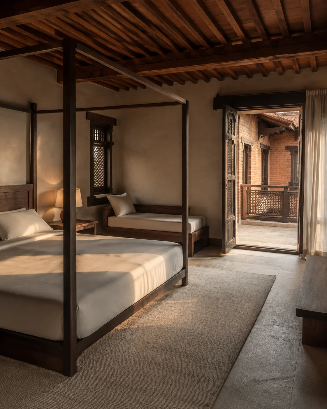 The imagined Terrace Studio, with a king canopy bed, a separate daybed and terrace doors