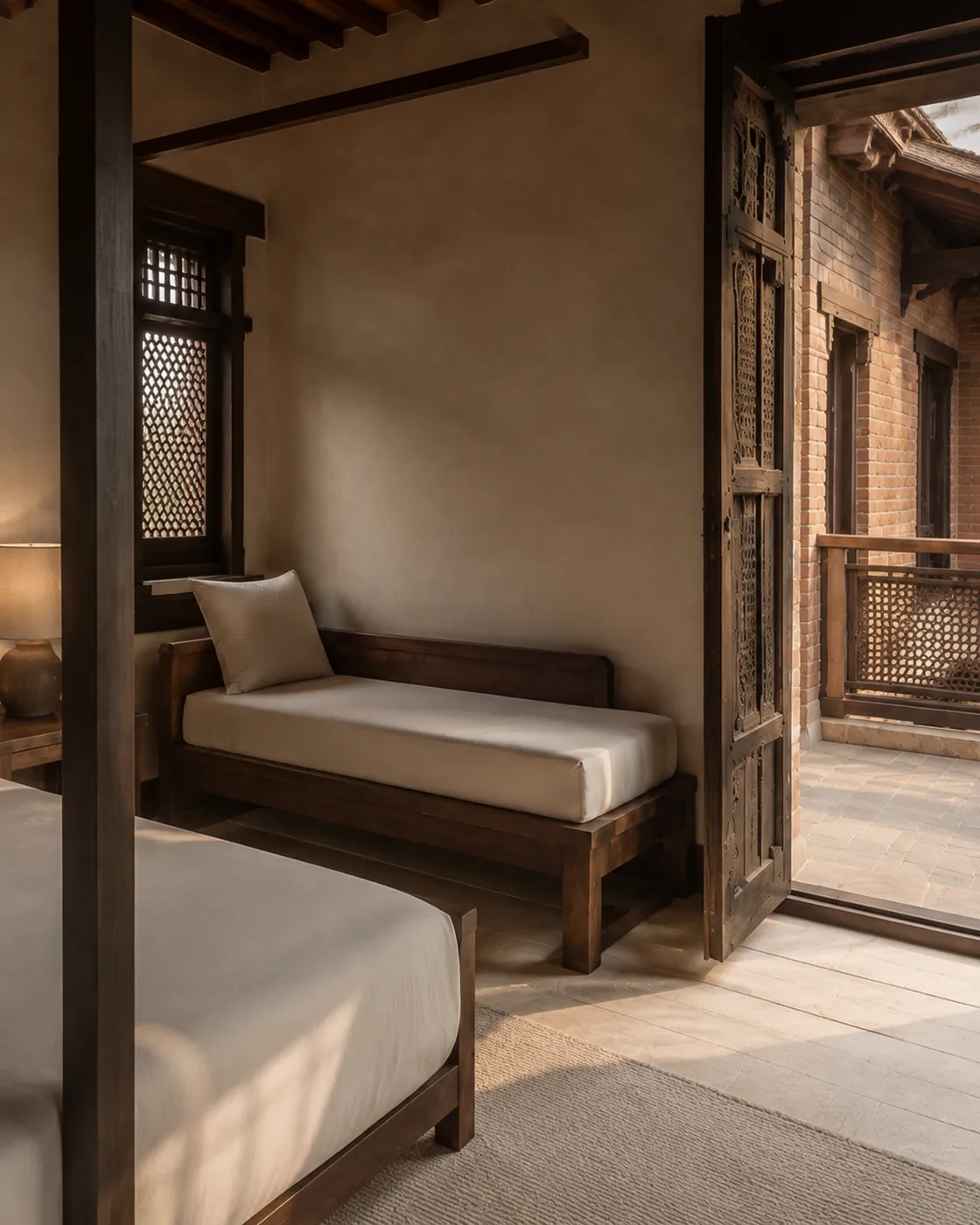 Terrace Studio daybed and carved doors opening to the upper courtyard
