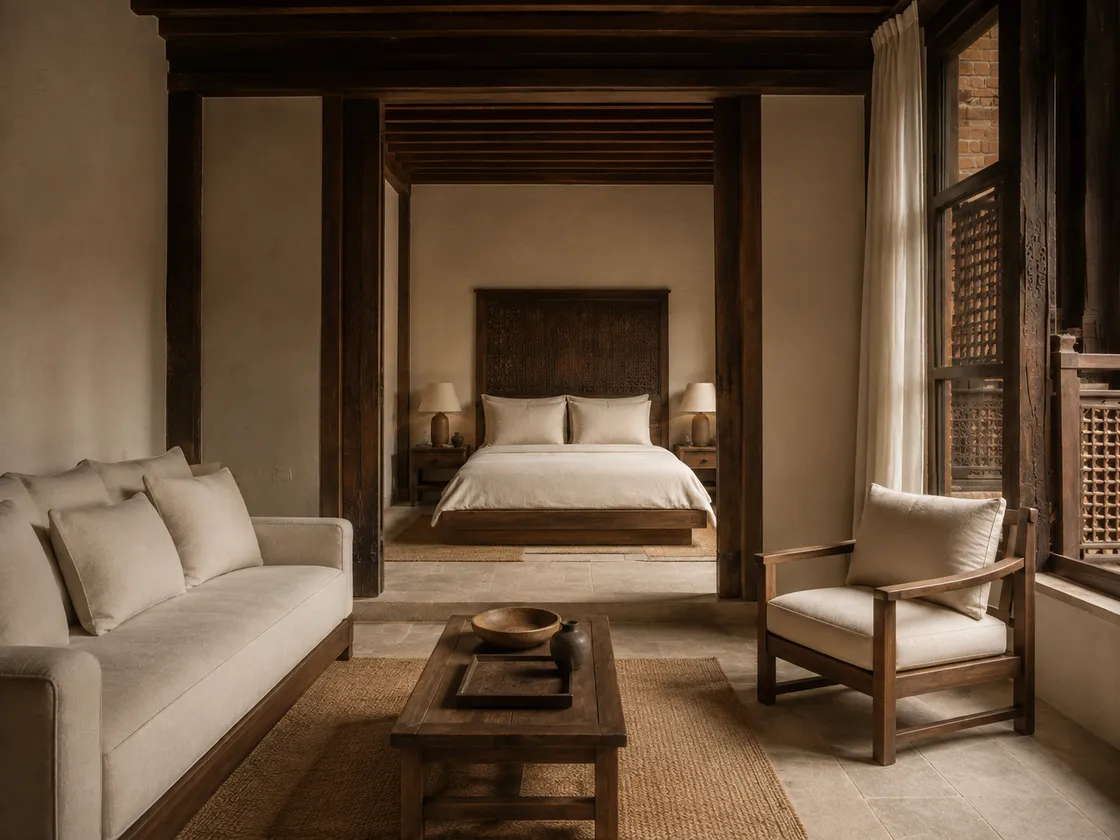 Courtyard Suite: an ivory sofa bed in the sitting room, with a king bed in the separate bedroom