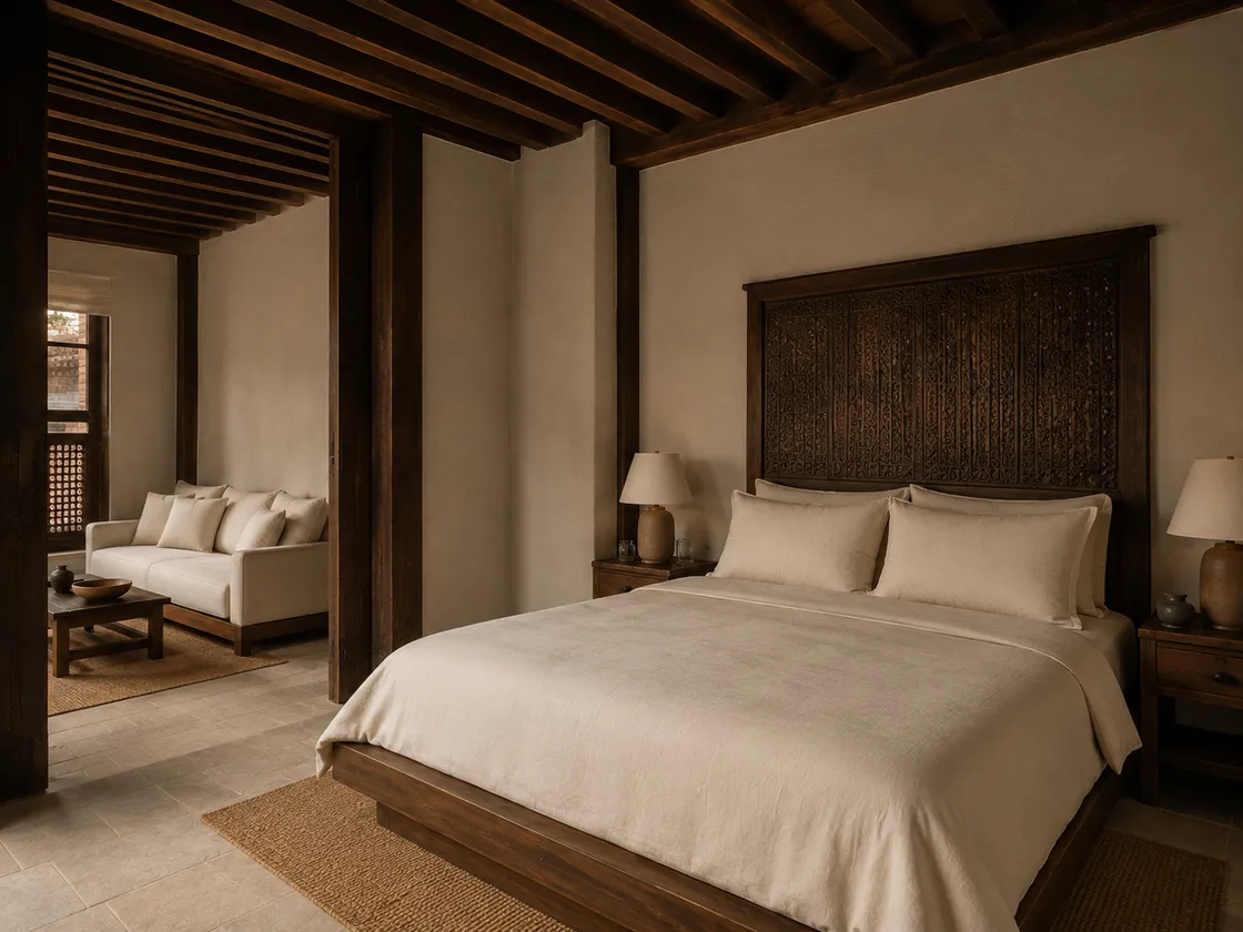 The Courtyard Suite king bedroom looking through to its separate sitting room