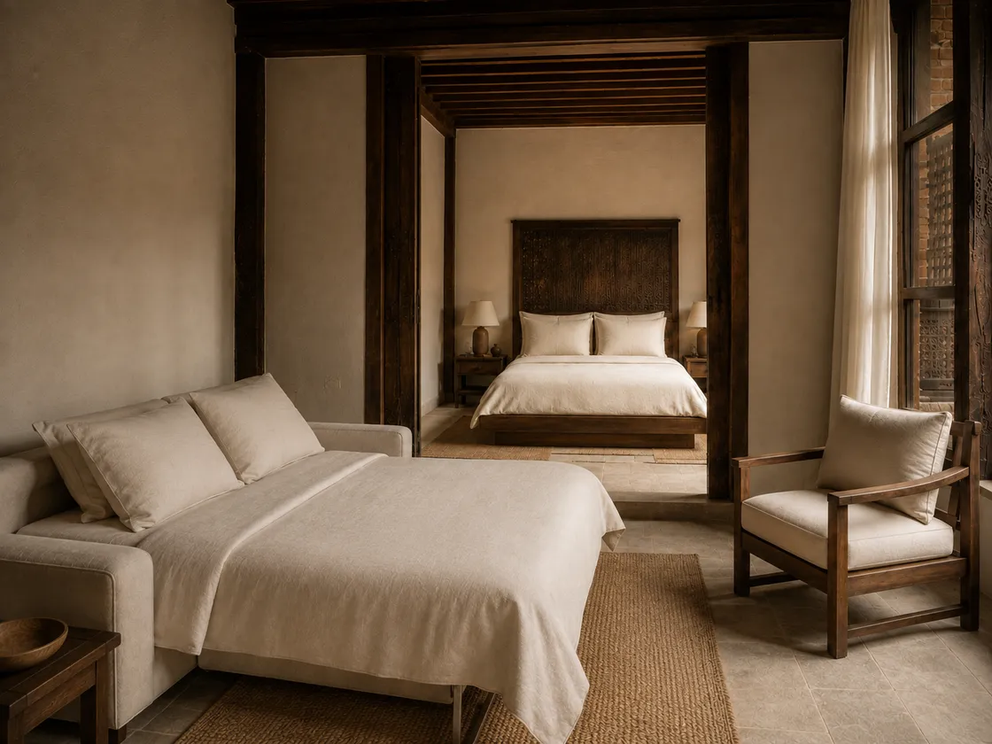 The Courtyard Suite with its double sofa bed prepared, and the king bedroom beyond