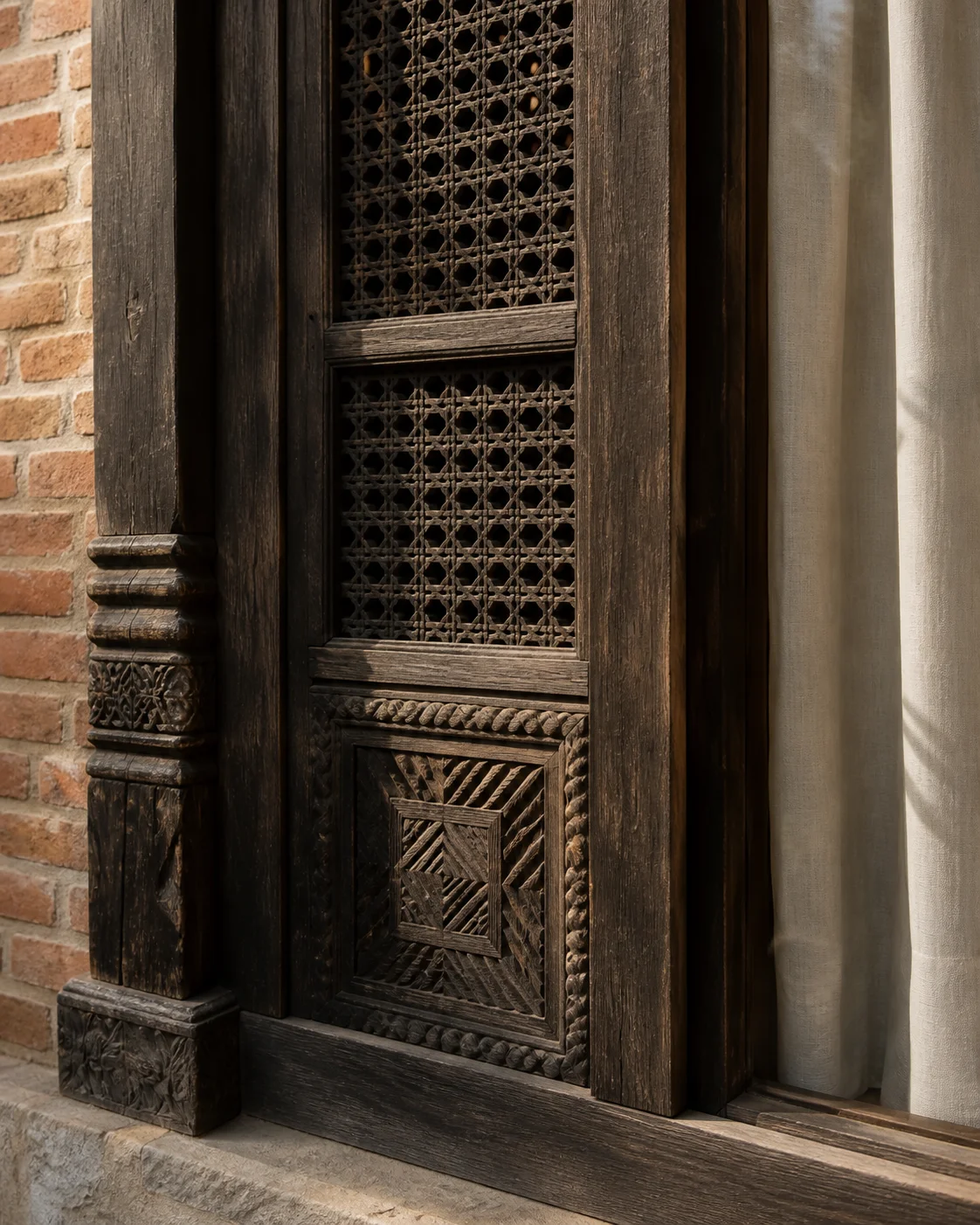 Carved timber lattice and an ivory curtain beside the imagined house’s brickwork
