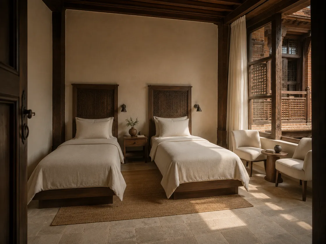 Courtyard Twin: two single beds and two ivory chairs beside a carved timber window
