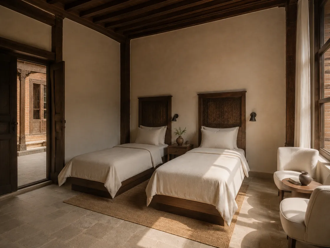 The same Courtyard Twin seen diagonally, with two separate single beds