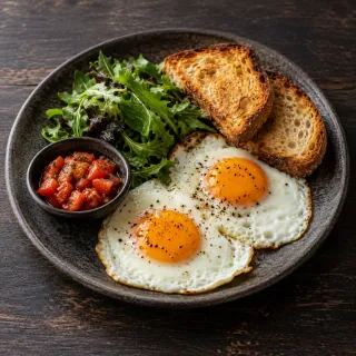 Two cooked eggs served with warm toasted bread, leafy greens and a small tomato relish
