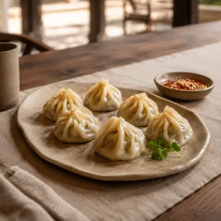 Six handmade steamed vegetarian momo dumplings with a small separate bowl of tomato achar