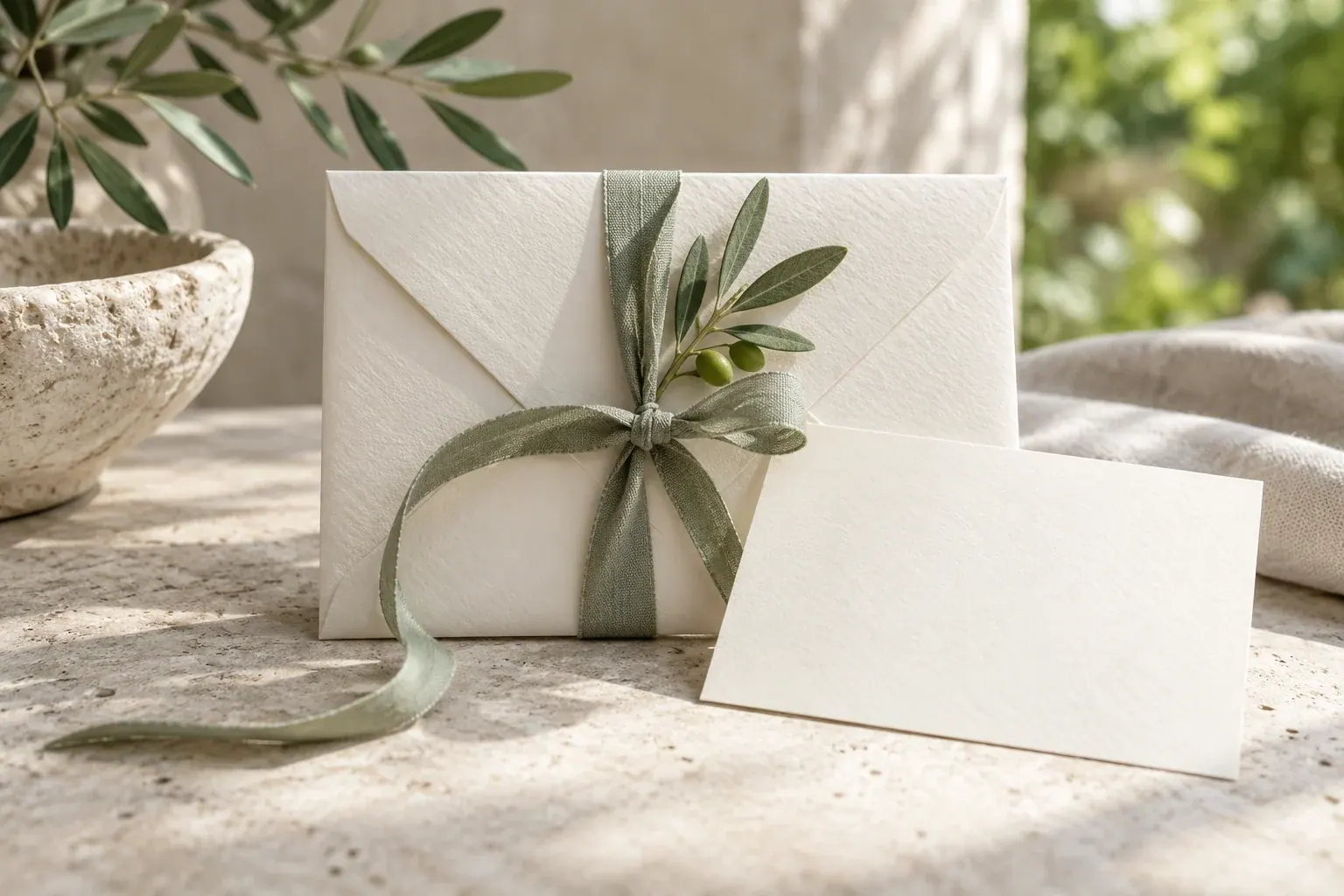 An ivory keepsake envelope tied with sage ribbon on pale limestone