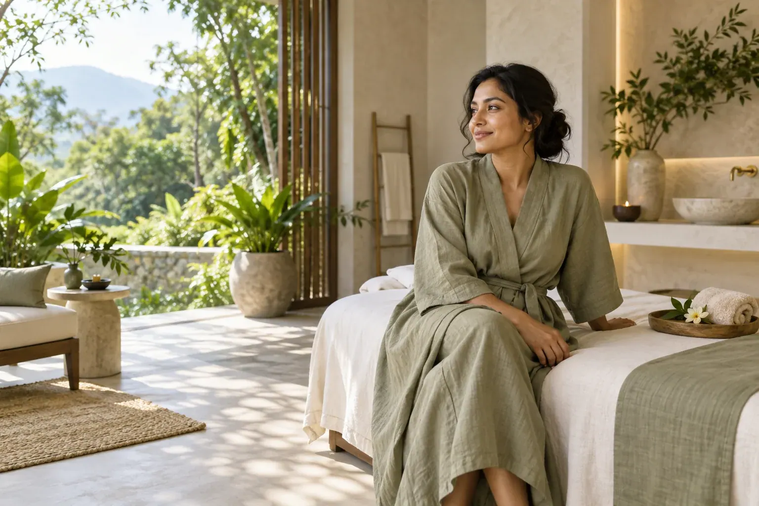 Nepali woman relaxing beside a leafy garden in a sage linen spa robe