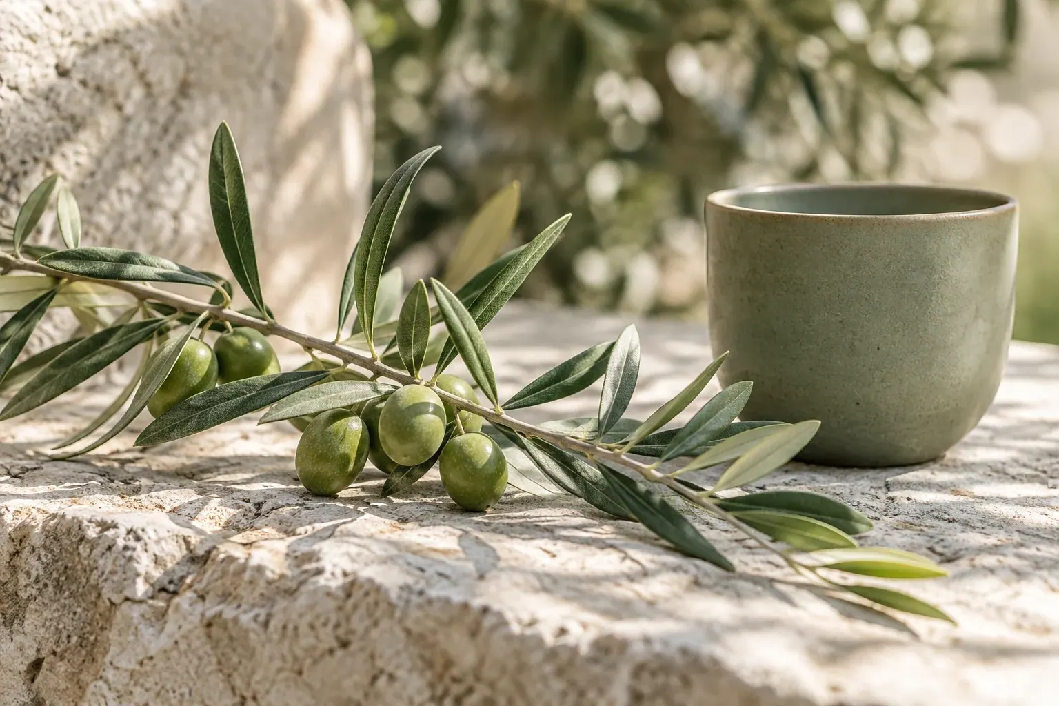 An olive branch and morning light across textured limestone