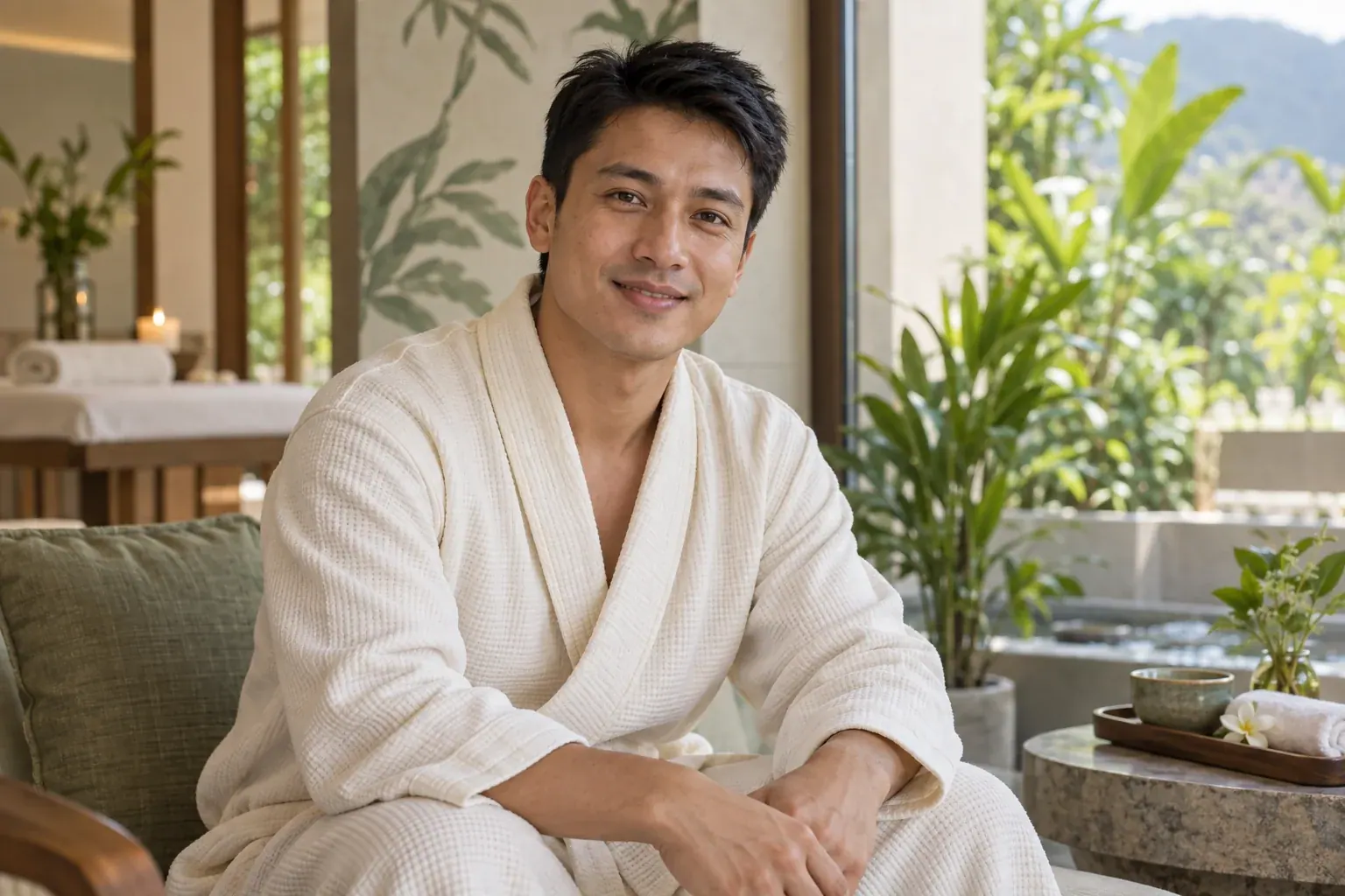 Young Nepali man relaxing in an ivory robe beside a garden window