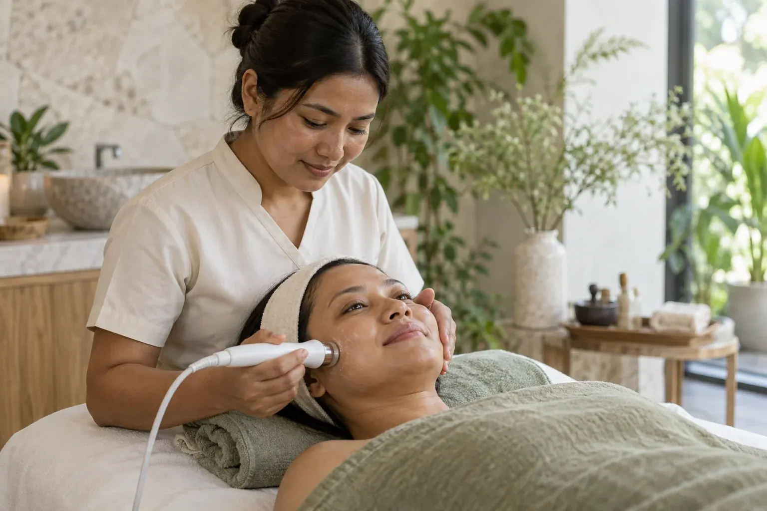 Nepali client receiving a hydrating facial in a botanical spa