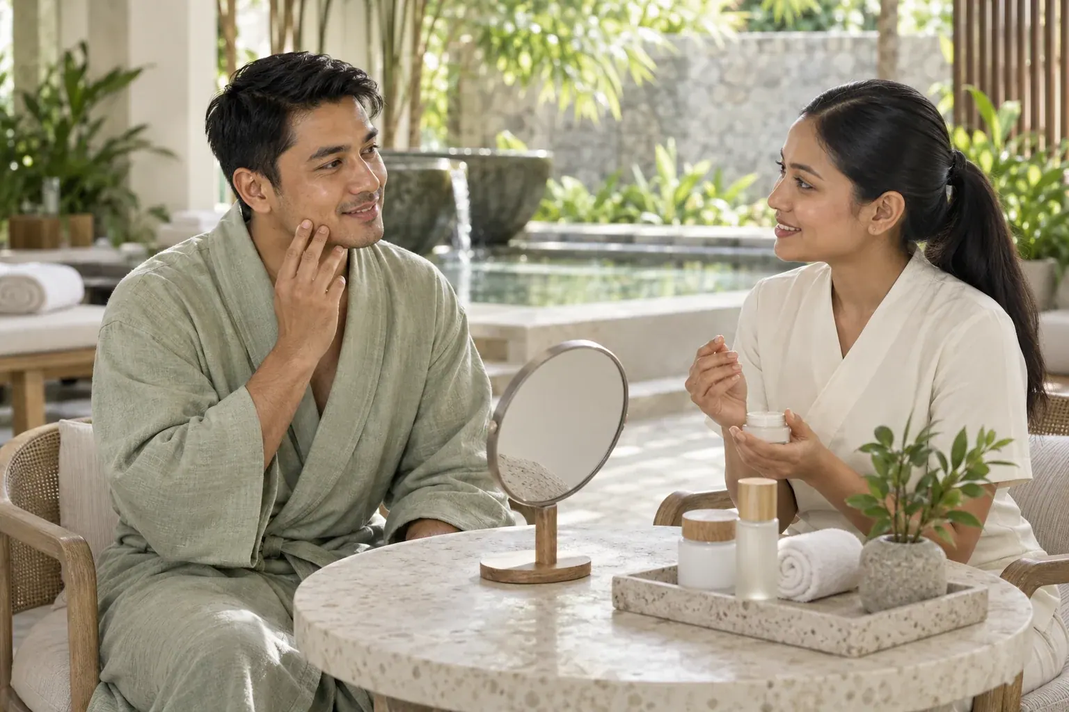 Young Nepali guest and therapist talking through skincare at a garden-side table