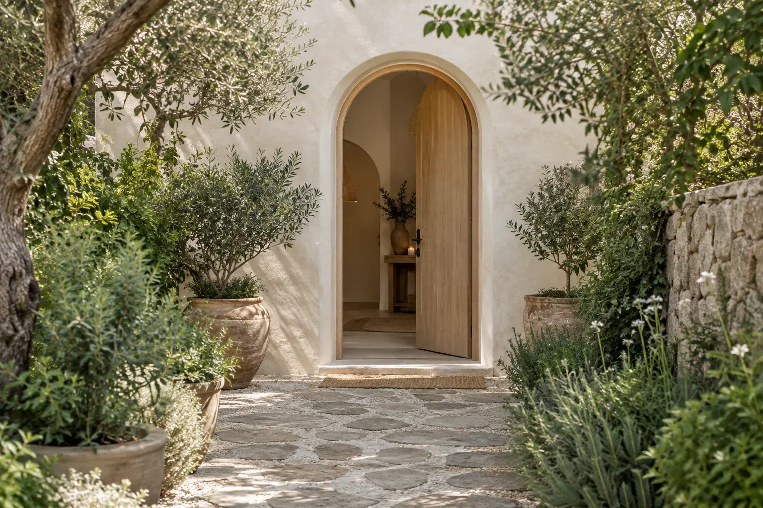A limewashed spa entrance framed by a leafy enclosed garden