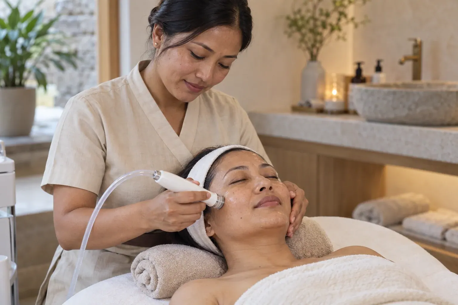 Advanced professional facial treatment in a softly lit AERA treatment room