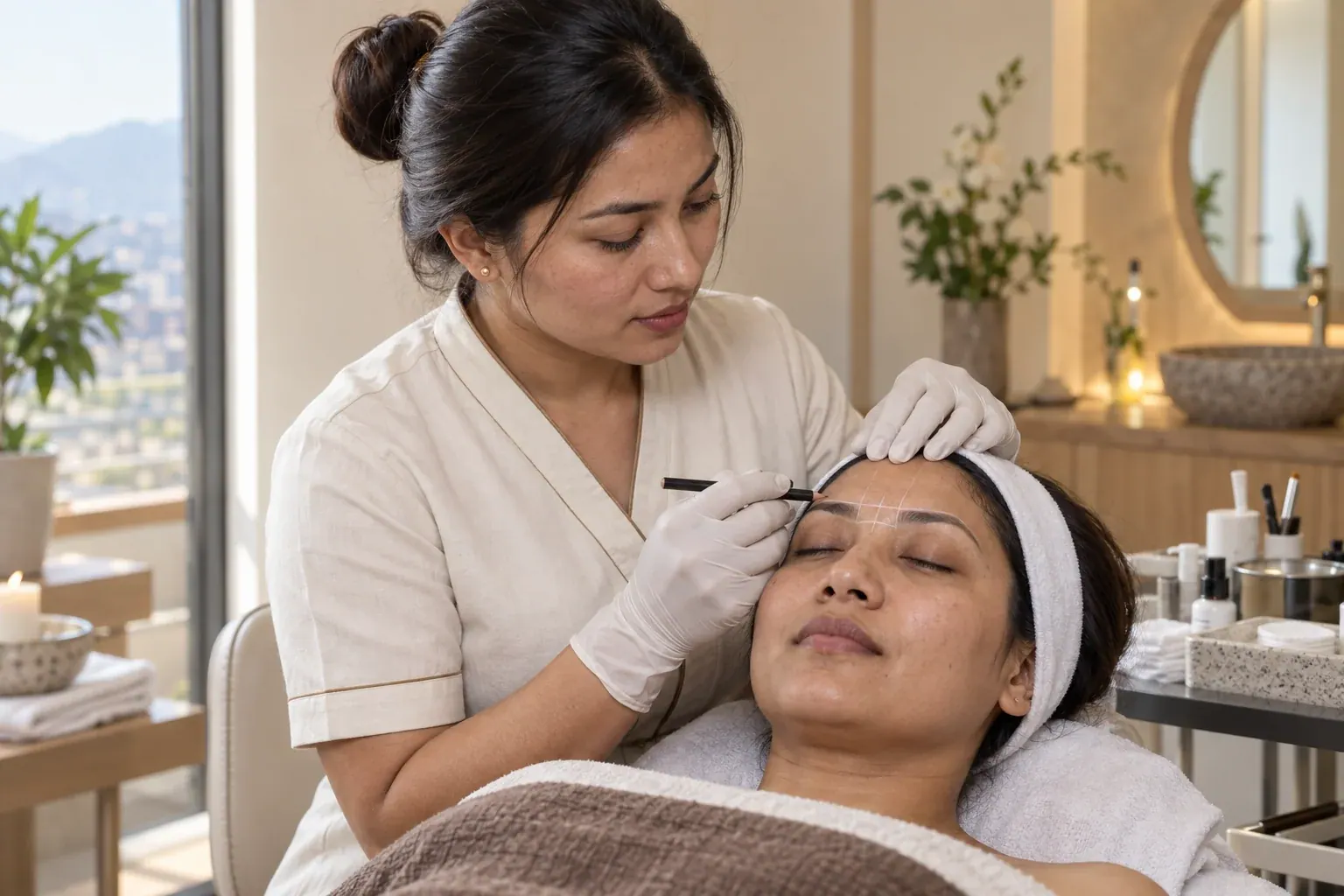 Practitioner carefully working on a guest’s natural brows