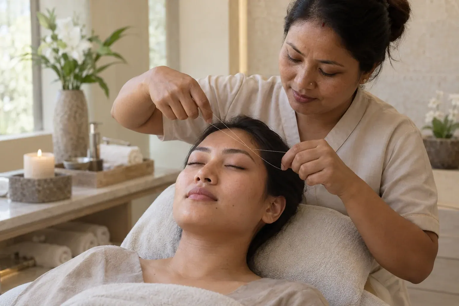 Therapist carefully defining a guest’s eyebrows