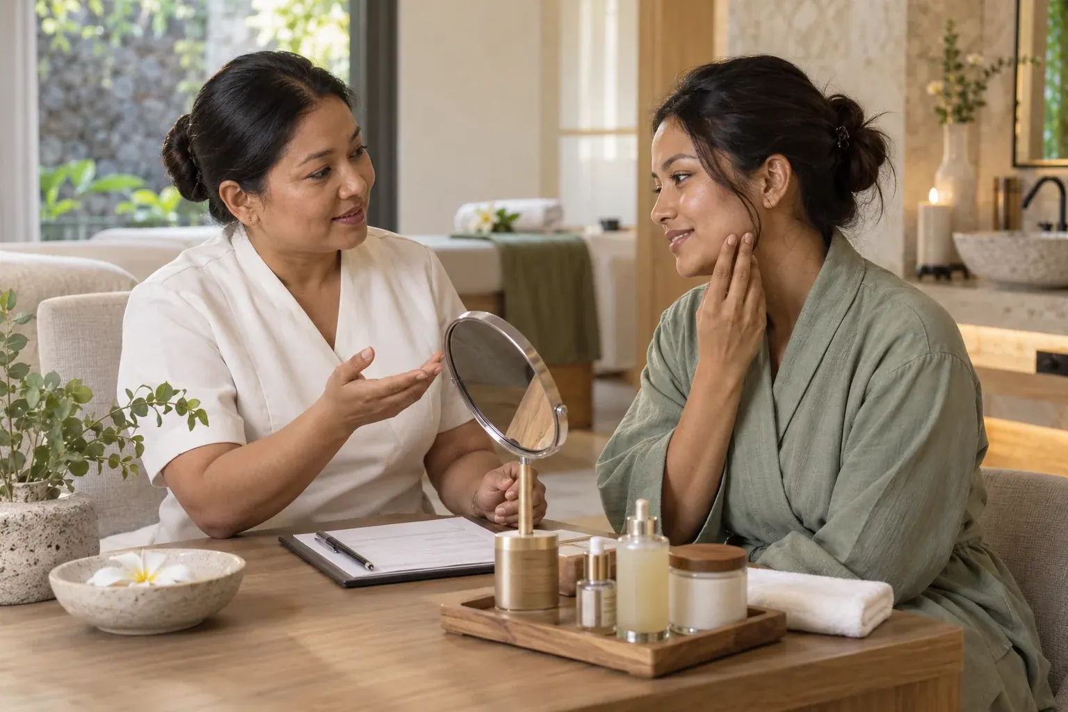 Guest and therapist discussing a skin-care routine