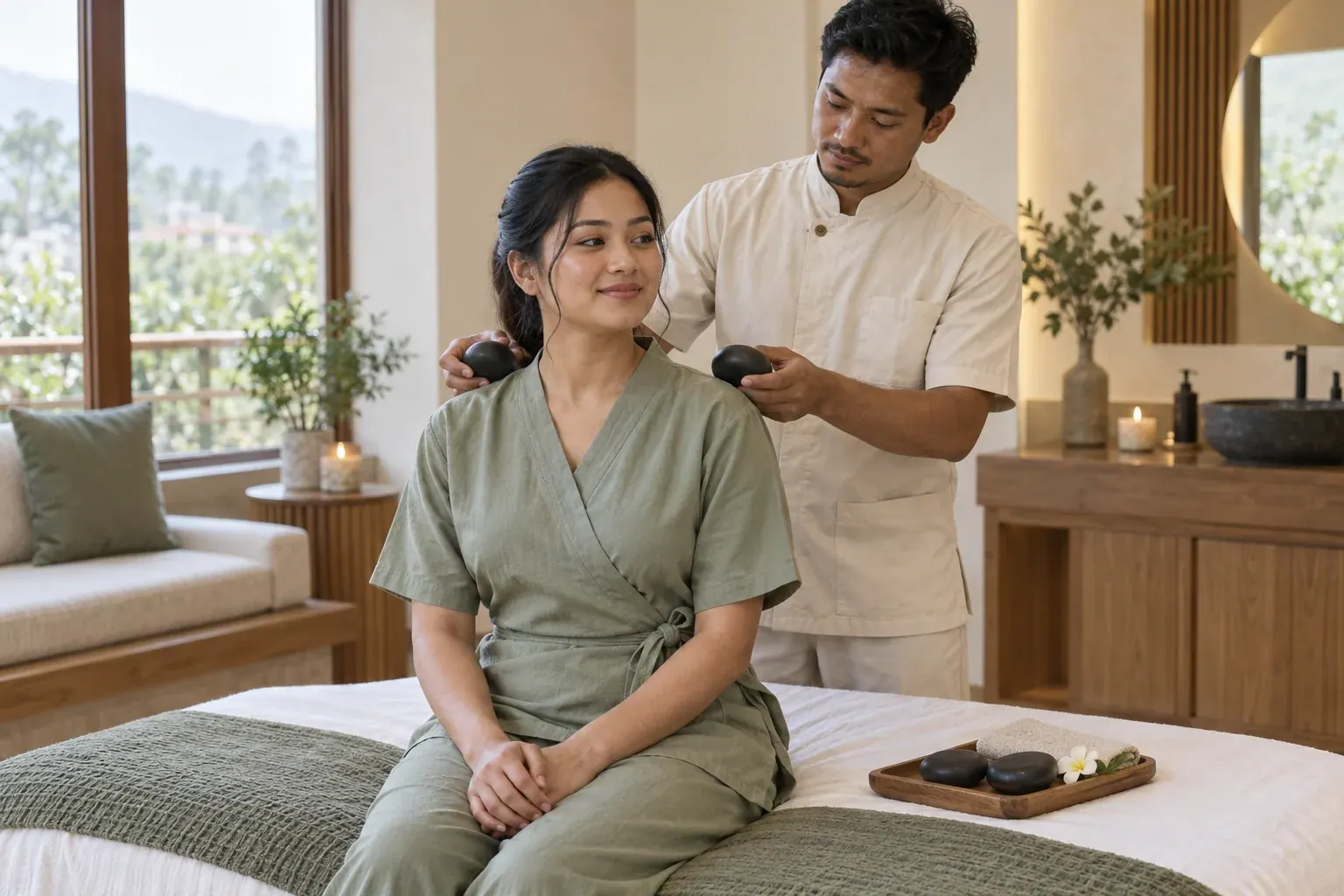 Therapist placing warm stones at a guest’s shoulders