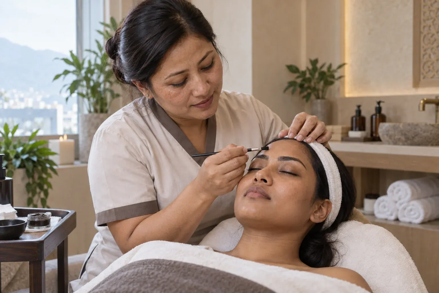Therapist carefully defining a guest’s eyebrows