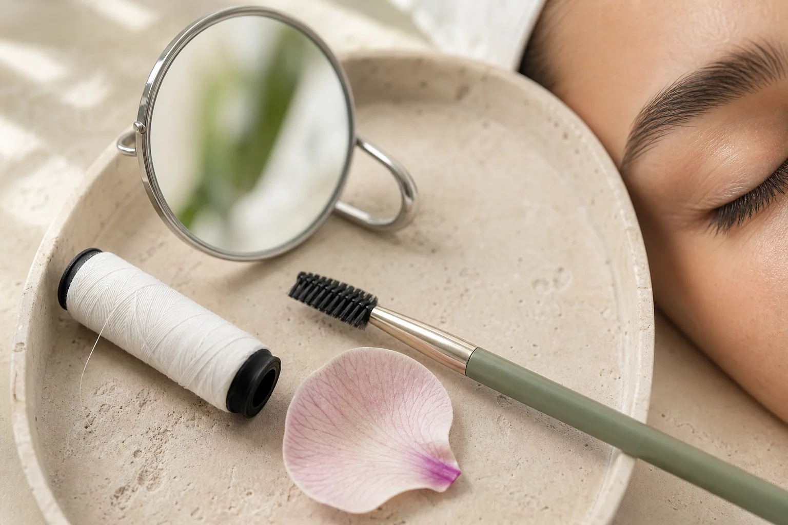 Professional brow-threading tools arranged neatly on pale limestone
