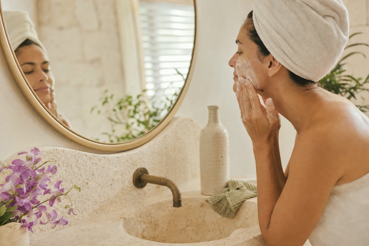 Woman pressing a soft cleansing cloth to her cheek during an evening skincare ritual