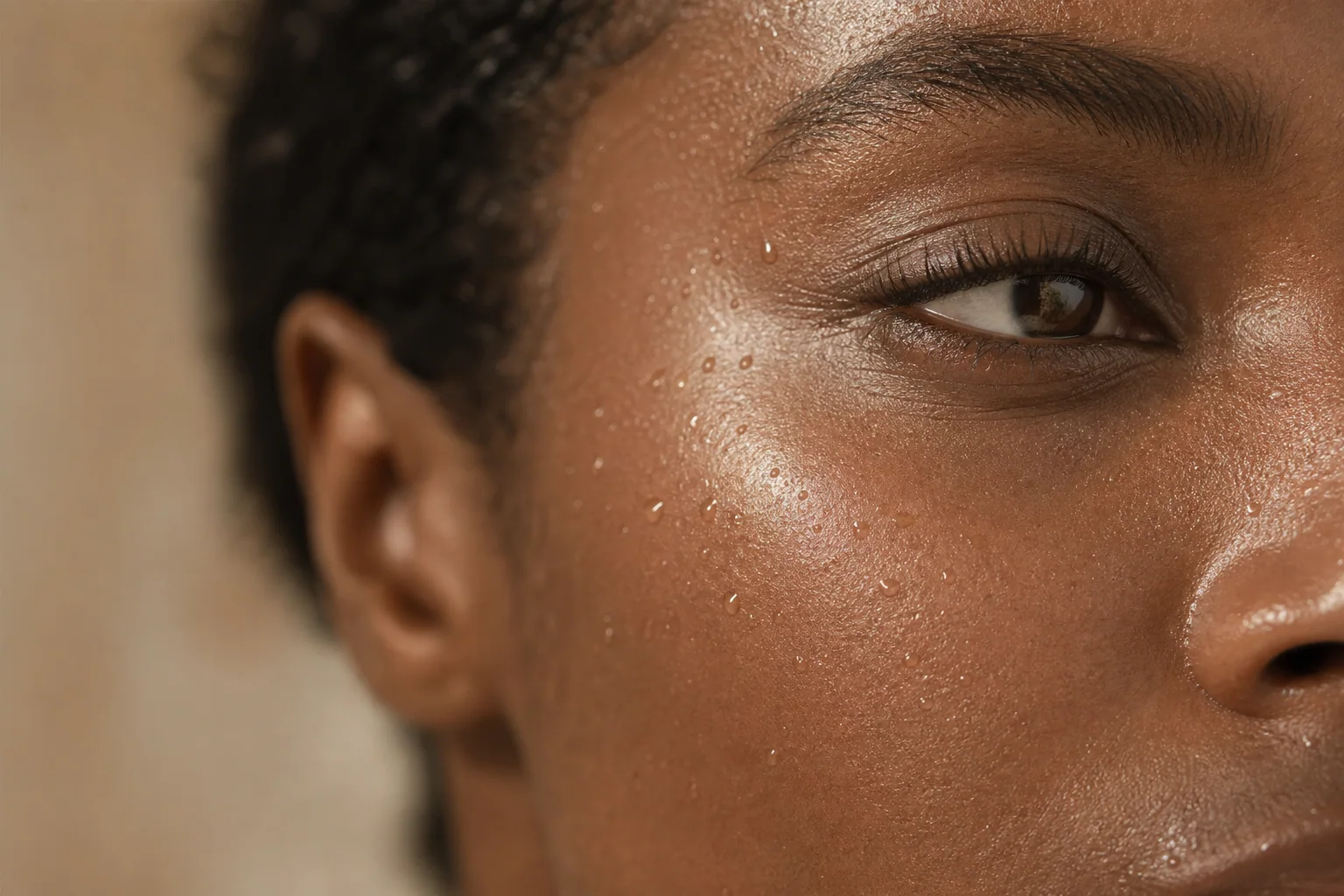 Close portrait showing naturally hydrated skin in soft daylight