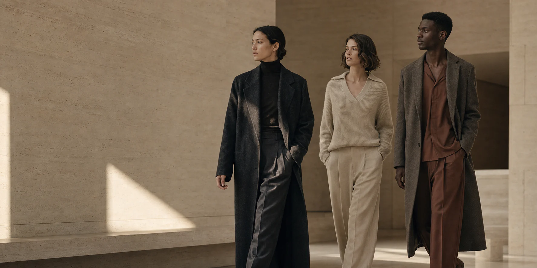 Illustrative capsule wardrobe campaign in a limestone interior