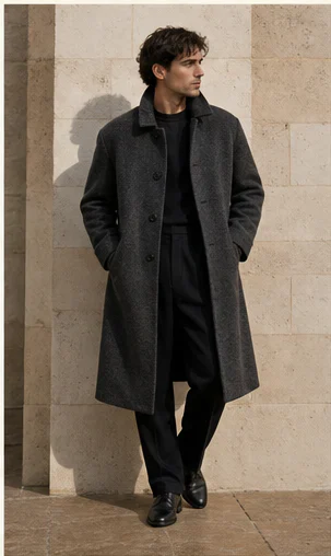Illustrative charcoal wool overcoat