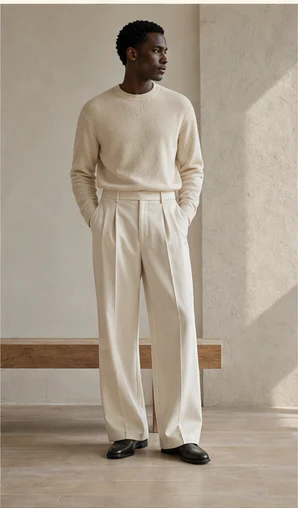 Illustrative bone pleated trousers and knit