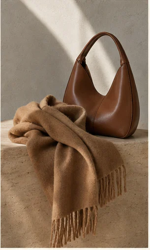 Illustrative scarf and leather bag still life