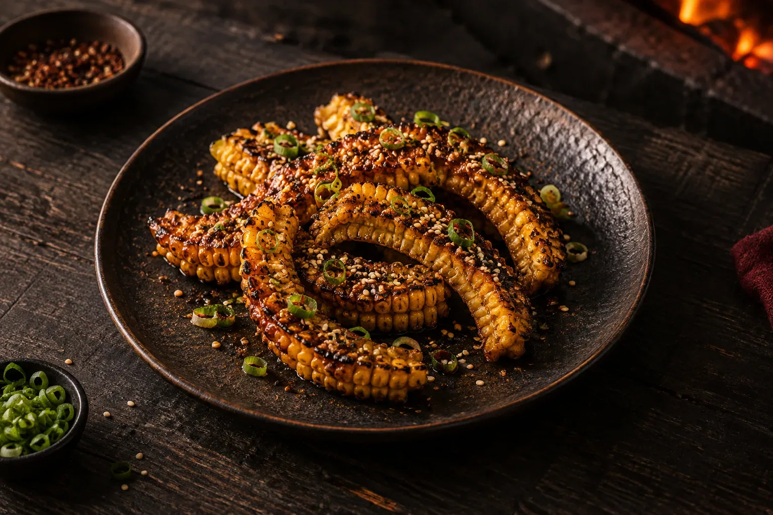 Charred corn ribs with sesame and spring onion