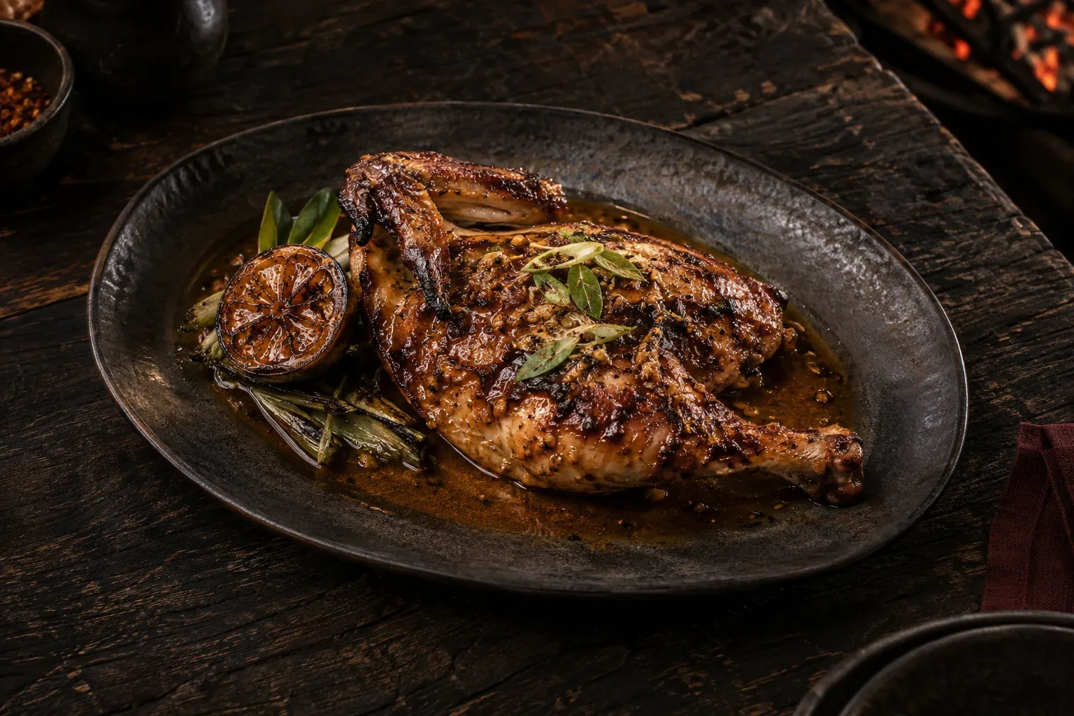 Half smoked chicken with charred citrus and ginger adobo