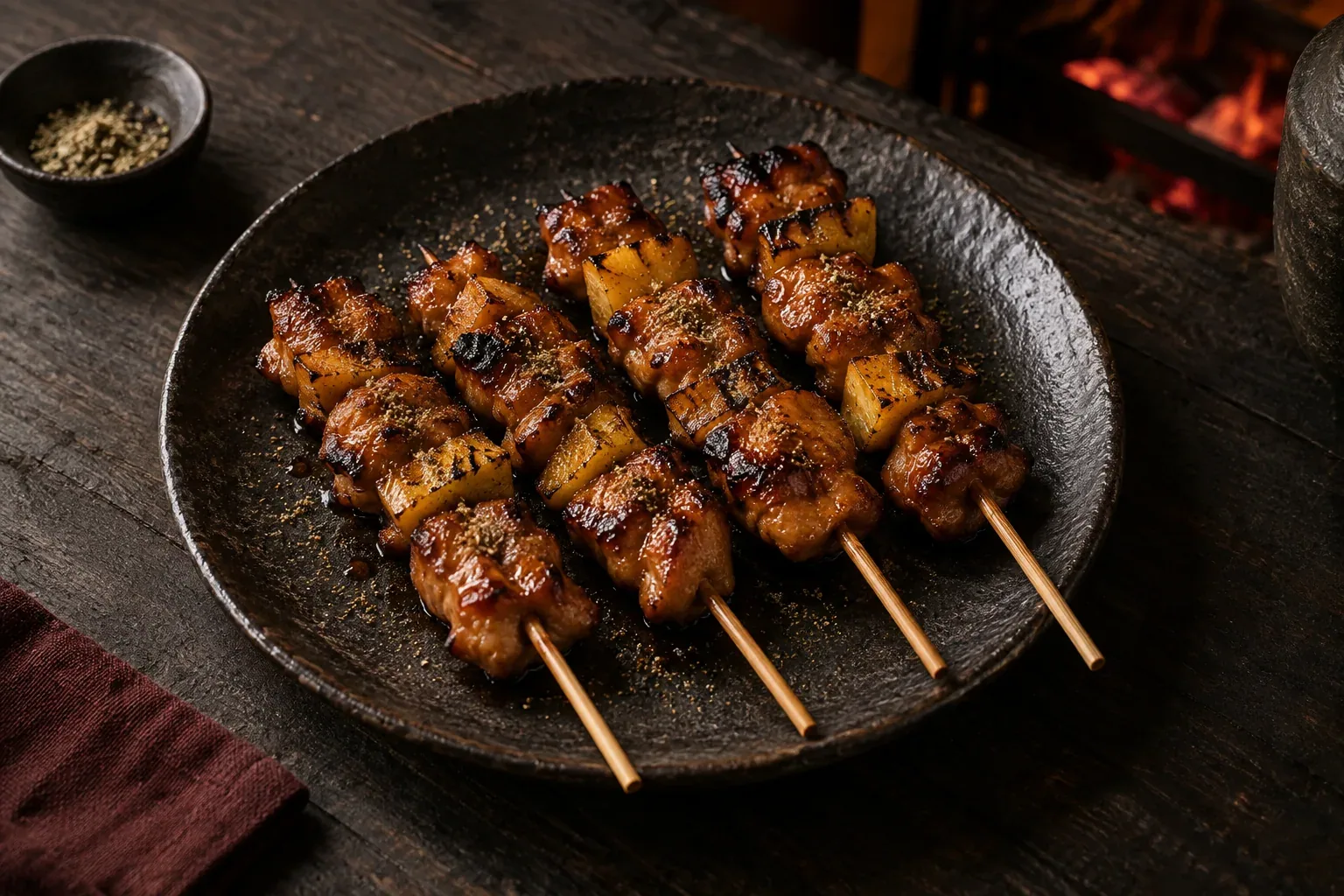 Chargrilled chicken thigh skewers with burnt pineapple